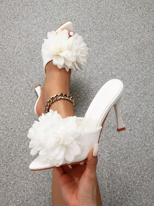 White 3D Floral Peep Toe Heels