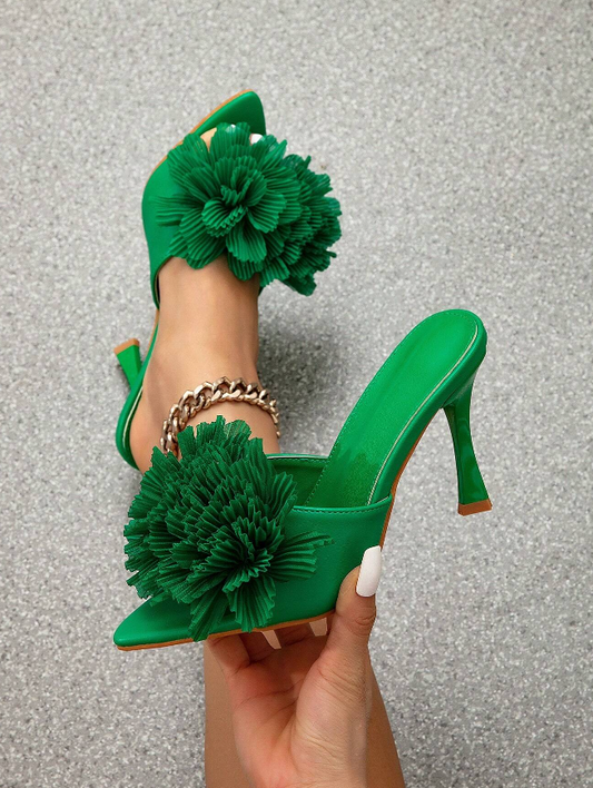 Green 3D Floral Peep Toe Heels