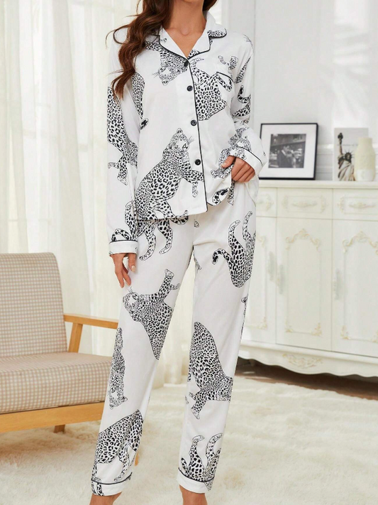 Black & White Leopard Design Long Sleeved Pyjama Set