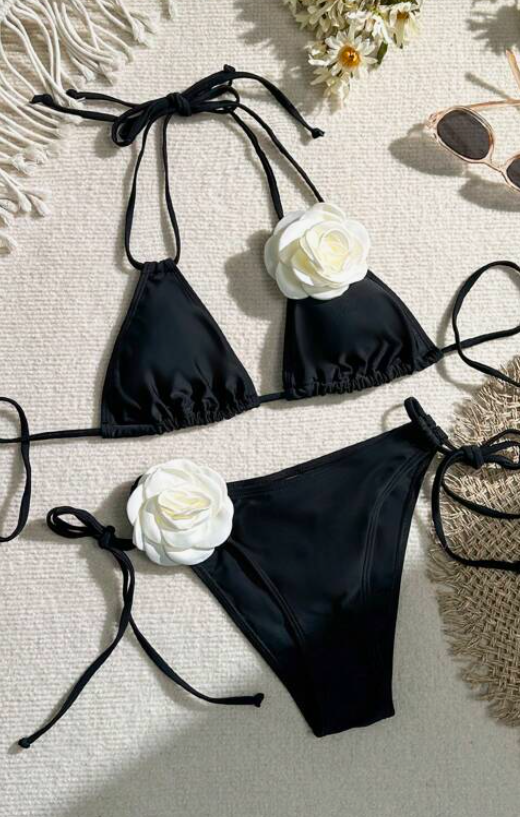 Black & White 3D Flower Bikini Set