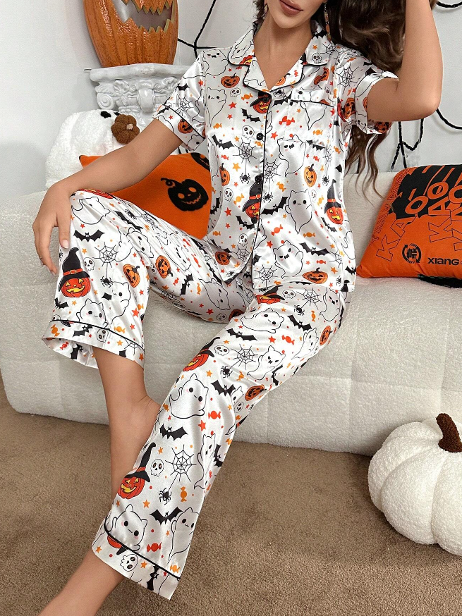 White Satin Halloween Short Sleeve Pyjamas