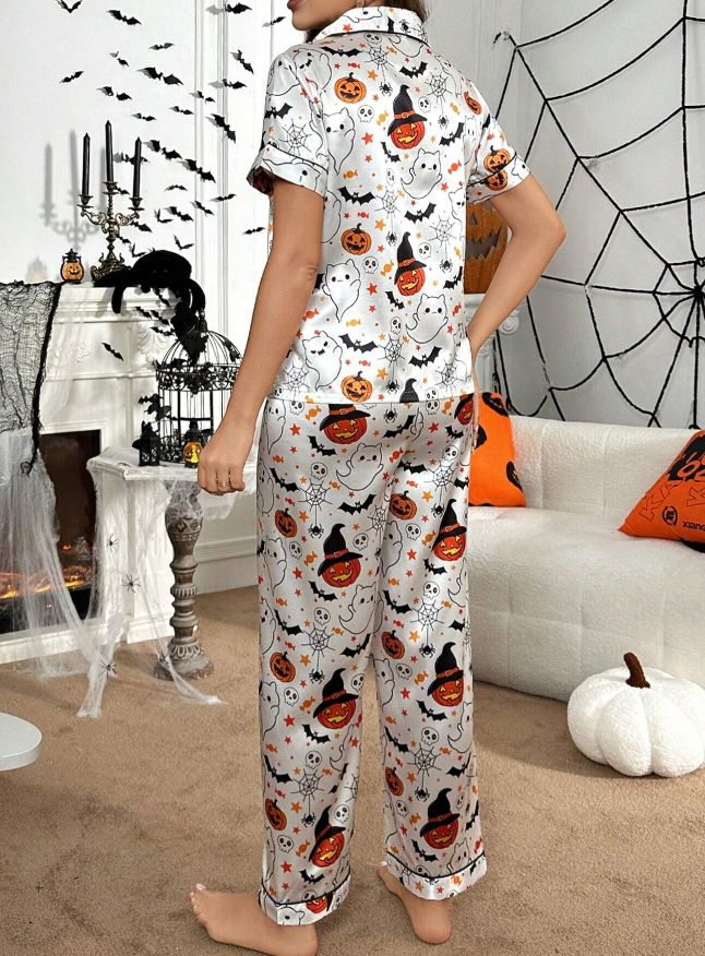 White Satin Halloween Short Sleeve Pyjamas