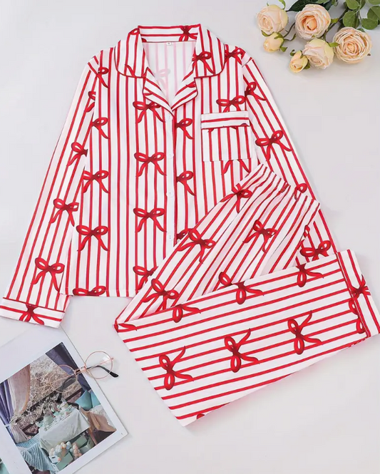 Red & White Striped Bow Christmas Pyjama Set