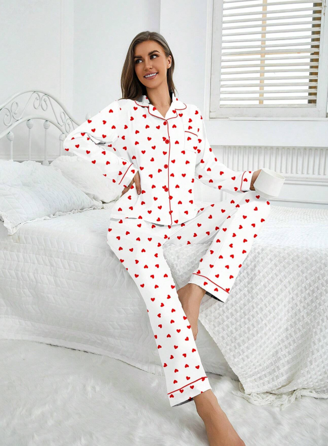 White & Red Heart Long Sleeved Pyjama Set