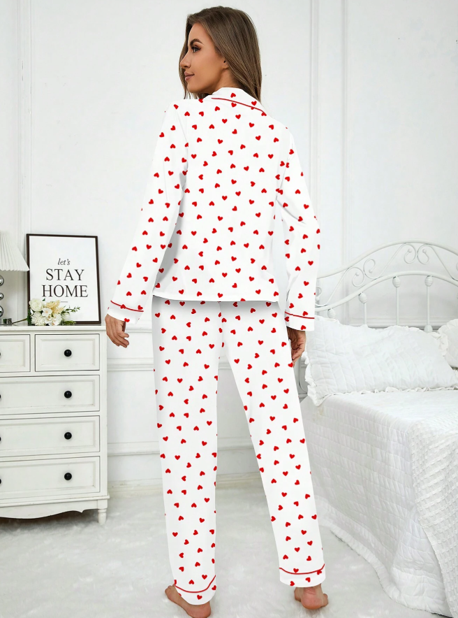 White & Red Heart Long Sleeved Pyjama Set