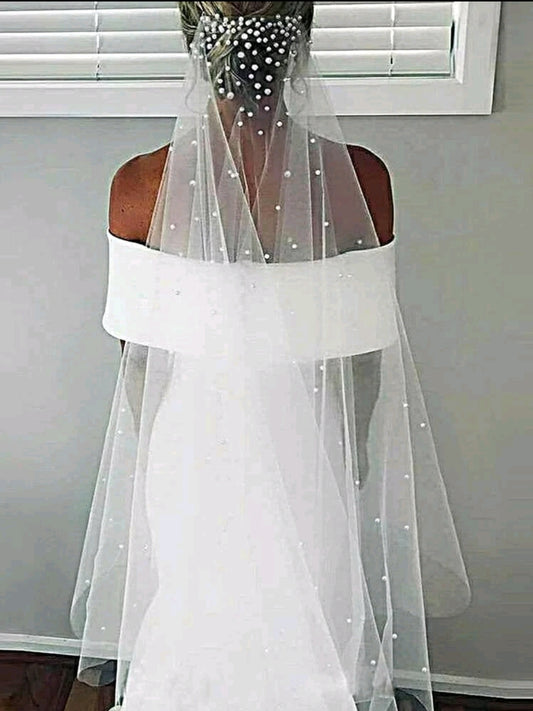 White Faux Pearl Embellished Wedding Bridal Veil