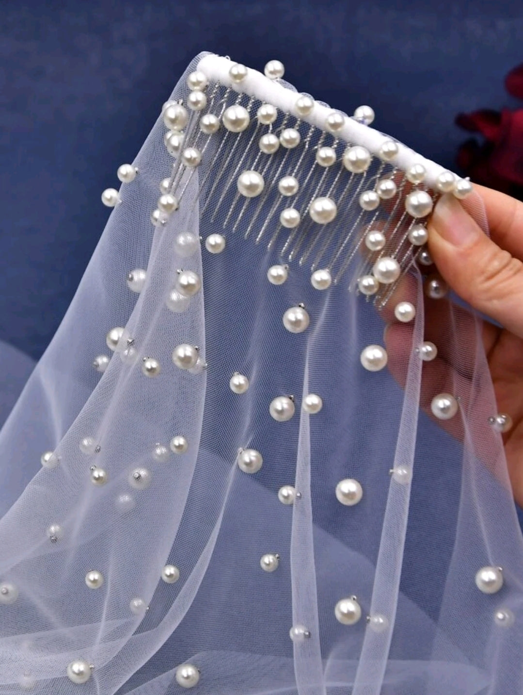 White Faux Pearl Embellished Wedding Bridal Veil