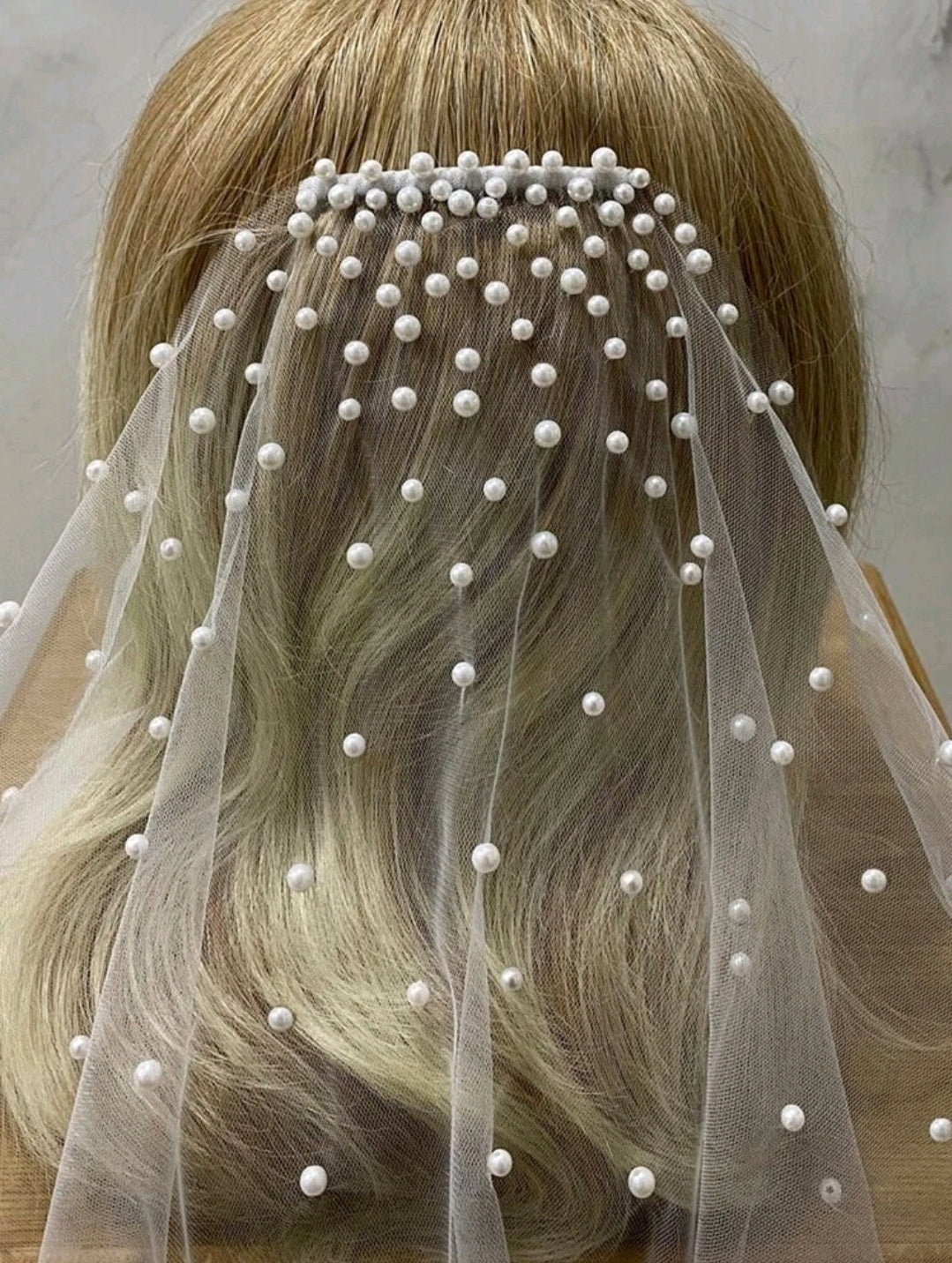 White Faux Pearl Embellished Wedding Bridal Veil