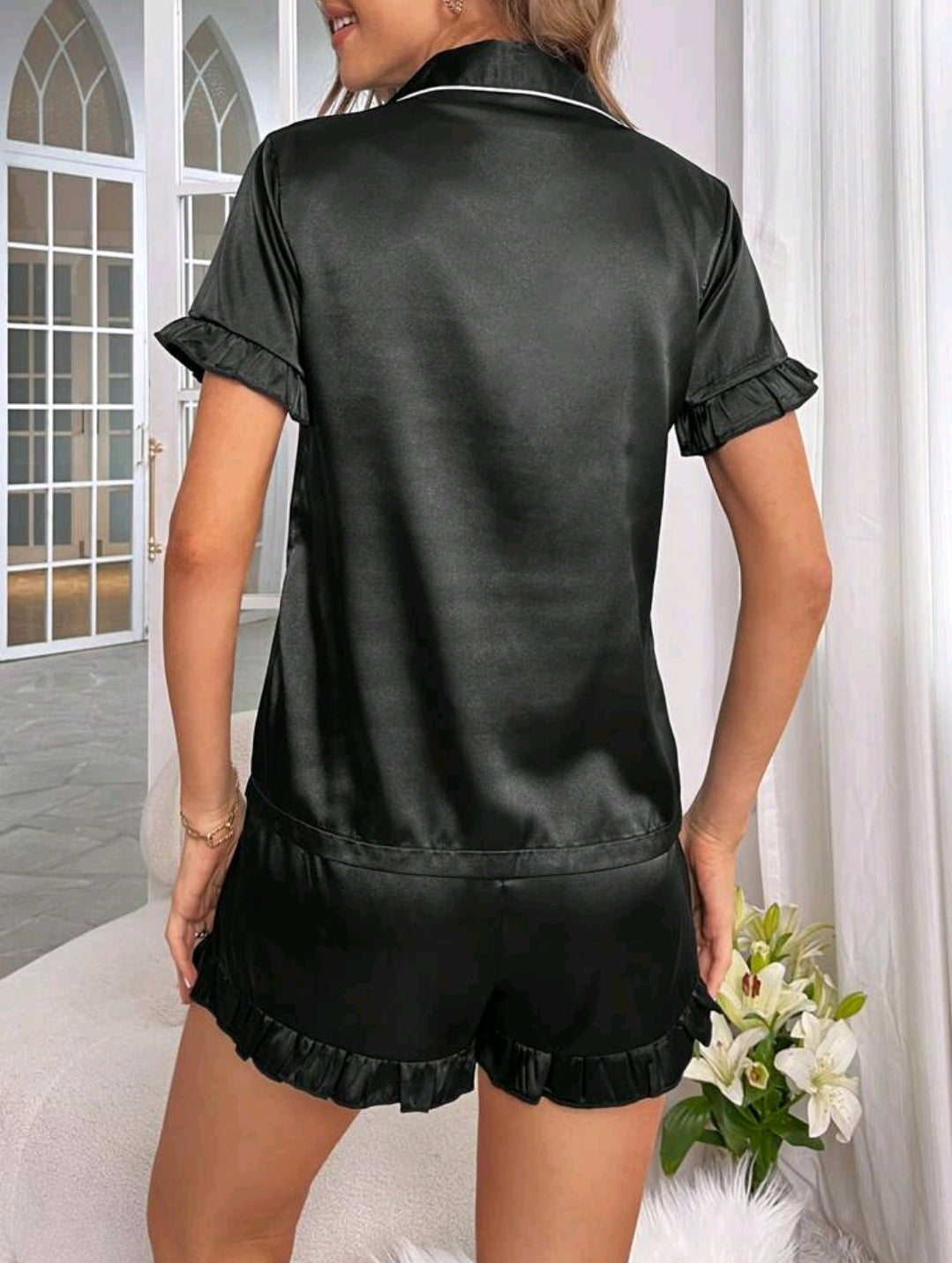 Black Personalised Satin Frill Short Pyjamas