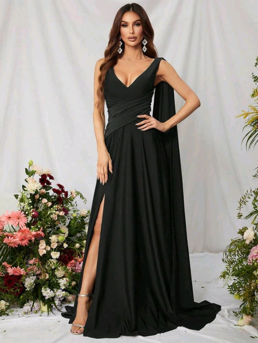 Black Draped Arm Satin Thigh Split Bridesmaid Maxi Dress