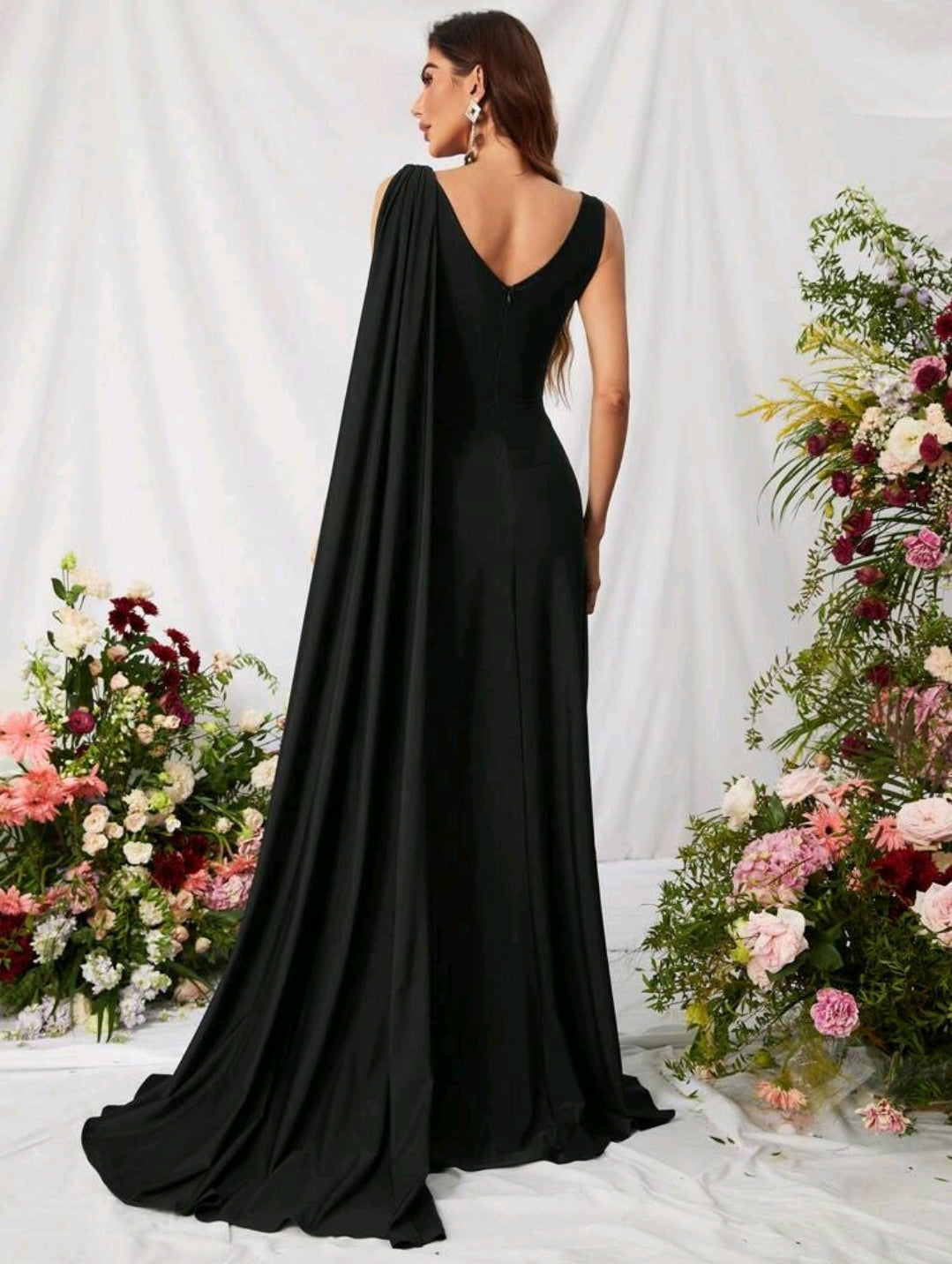 Black Draped Arm Satin Thigh Split Bridesmaid Maxi Dress