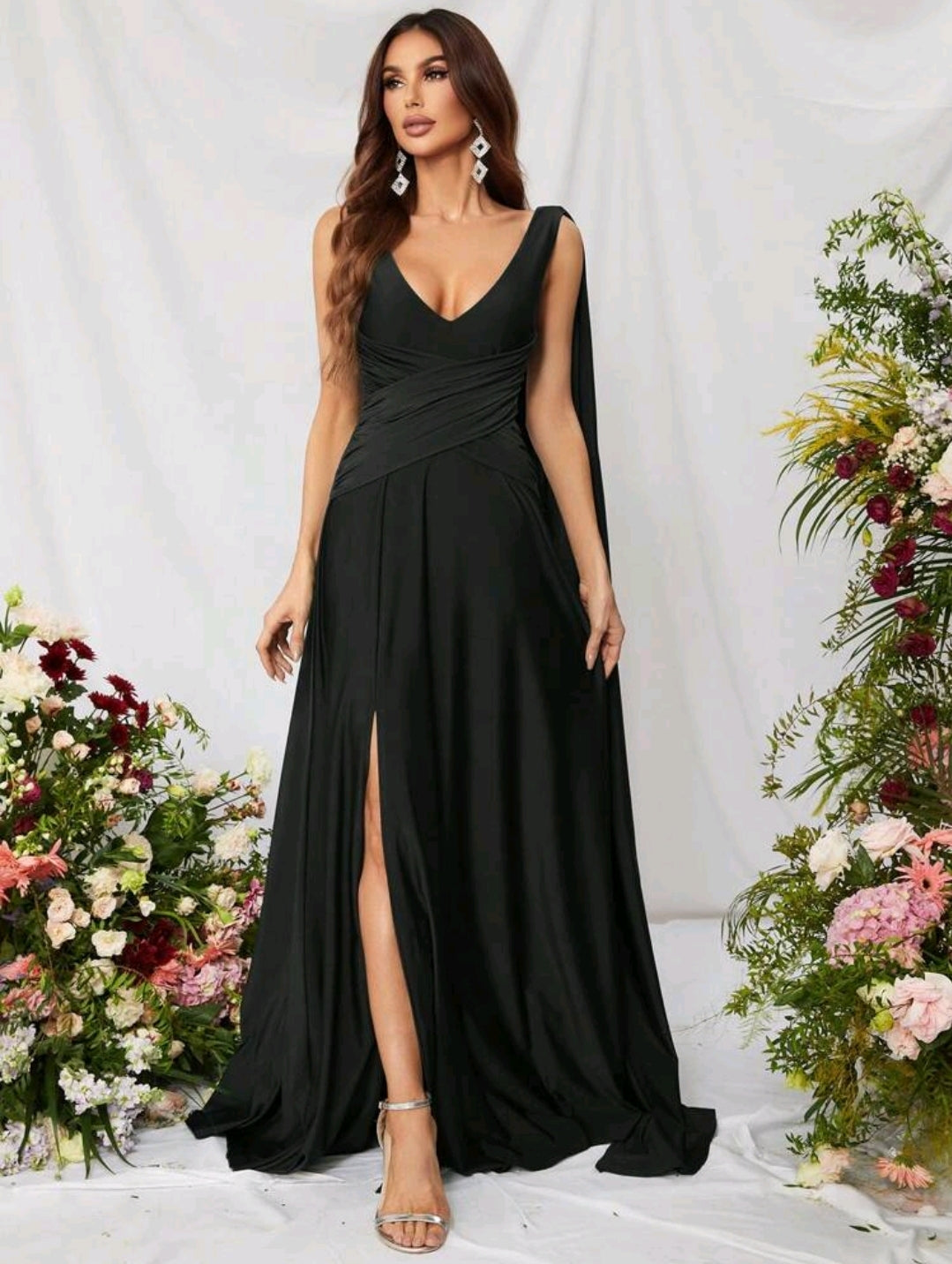 Black Draped Arm Satin Thigh Split Bridesmaid Maxi Dress