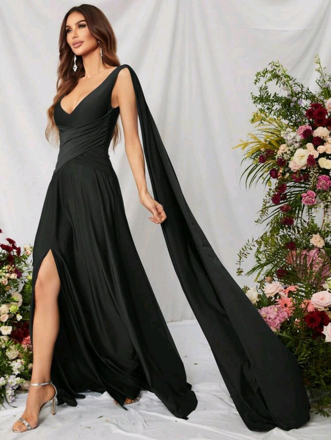 Black Draped Arm Satin Thigh Split Bridesmaid Maxi Dress