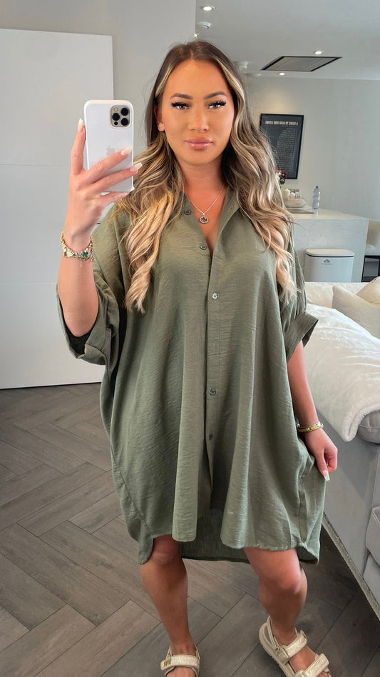 Khaki Linen Oversized Shirt Dress