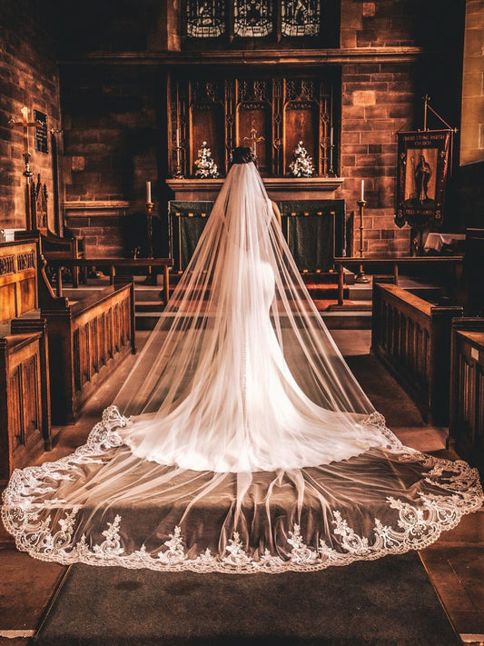 Perfect Bridal Ivory Long Single Tier Veil With Lace Train