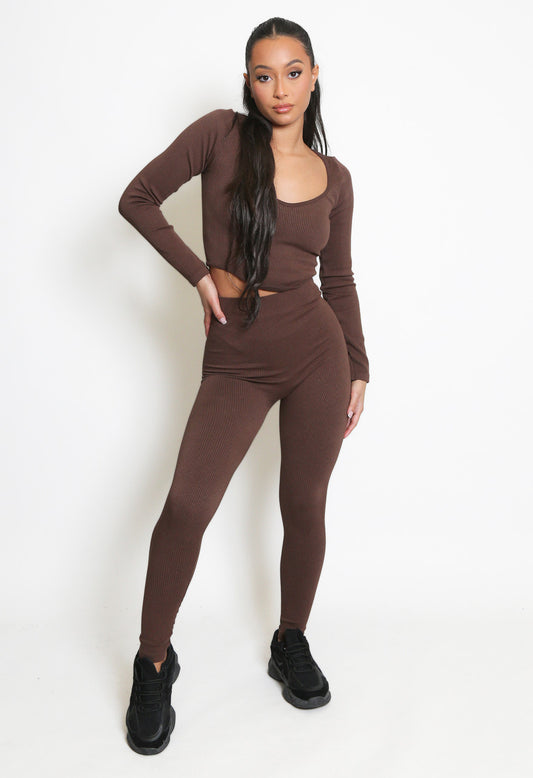 Brown Dip Front Long Sleeve Ribbed Gym Set