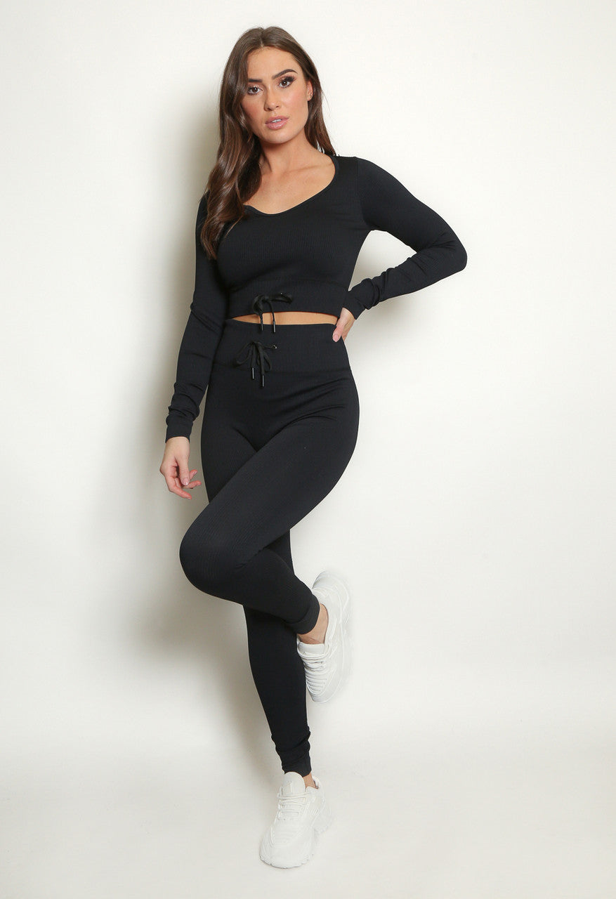 Black Ribbed Knotted Top & Leggings Set