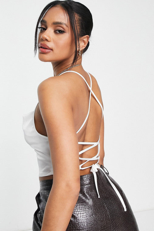 Cream Satin Lace Up Back Crop Top