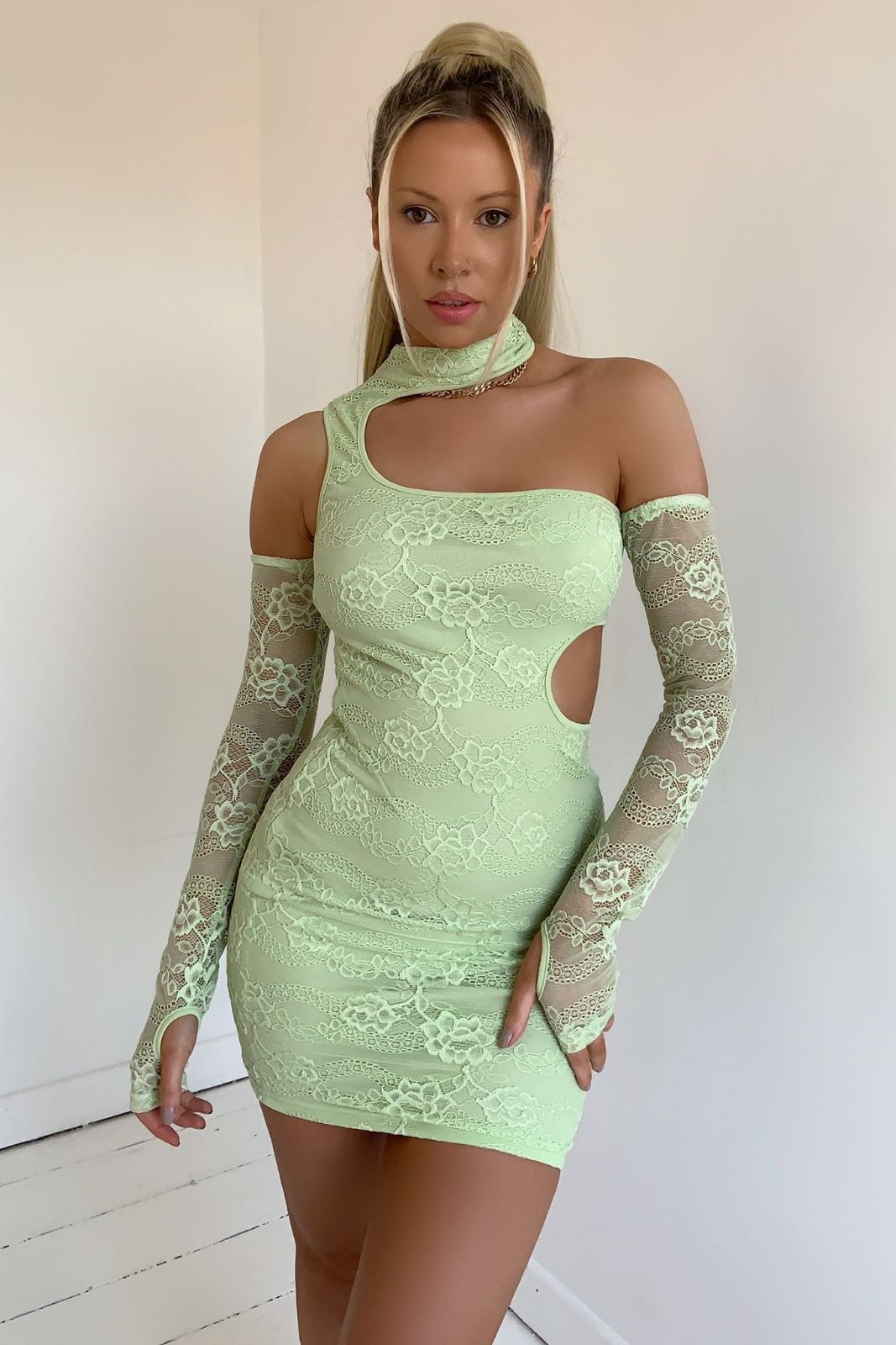 Green Cut Out Lace Mini Dress With Sleeves