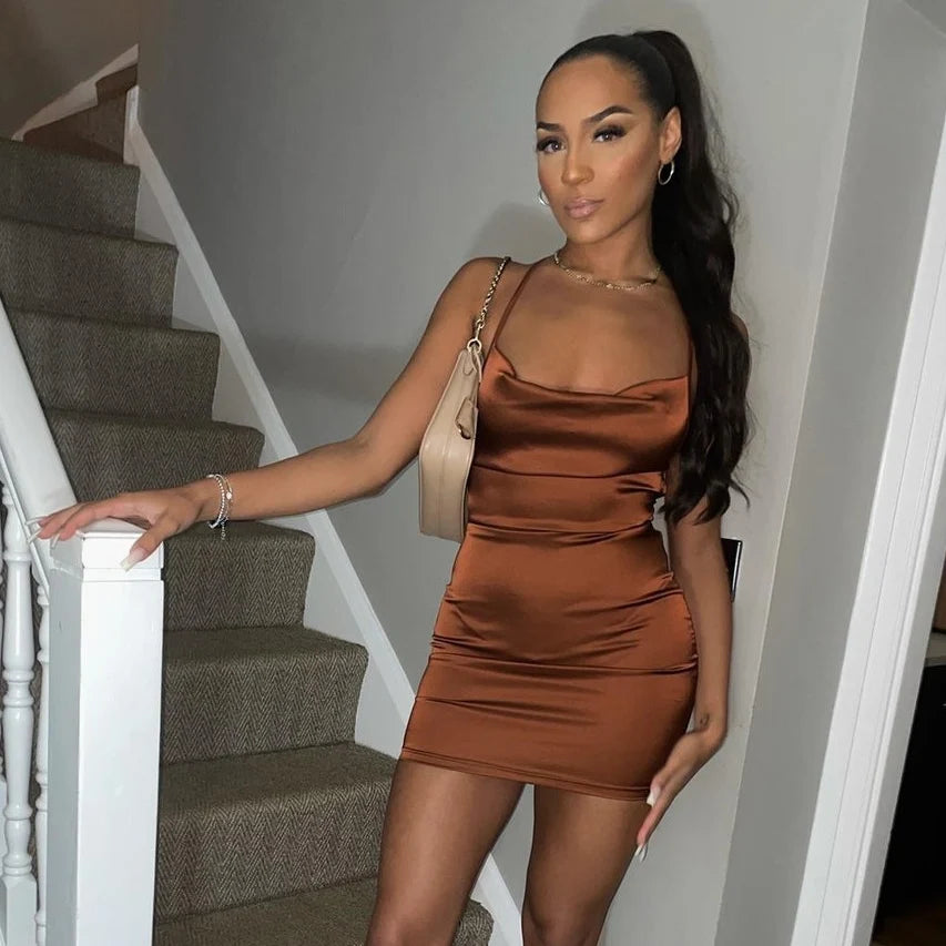 Brown Satin Cowel Neck Mini Dress