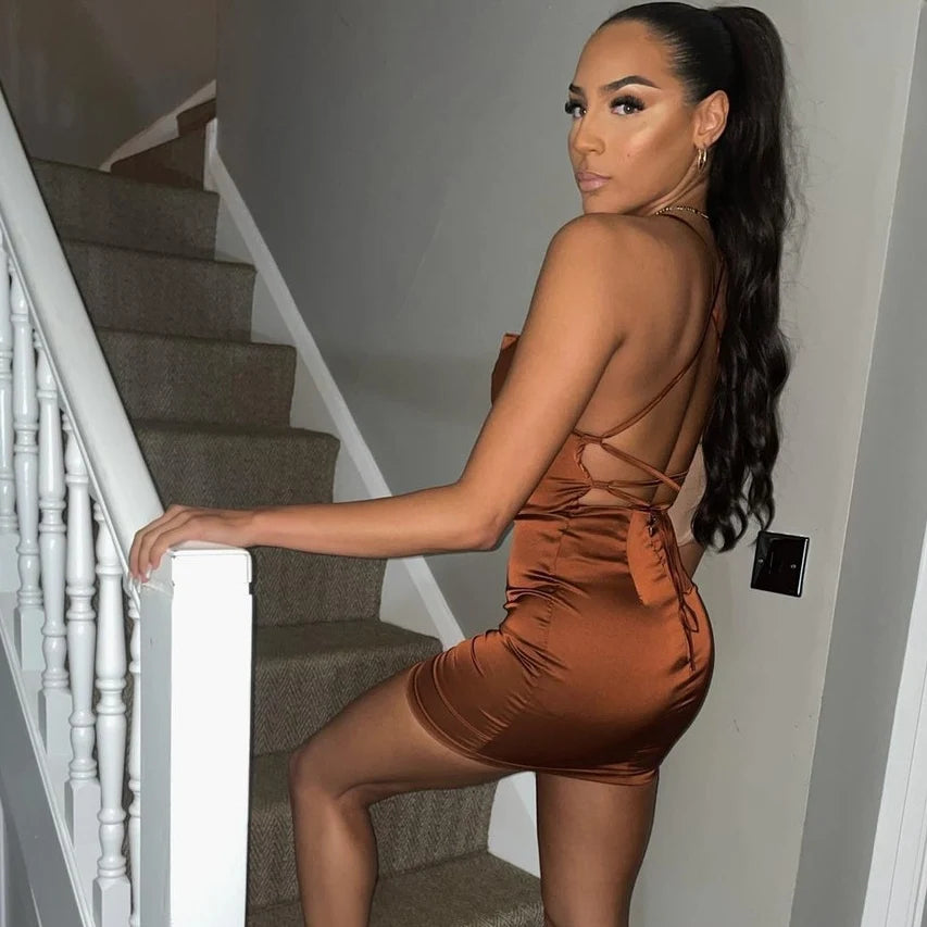 Brown Satin Cowel Neck Mini Dress