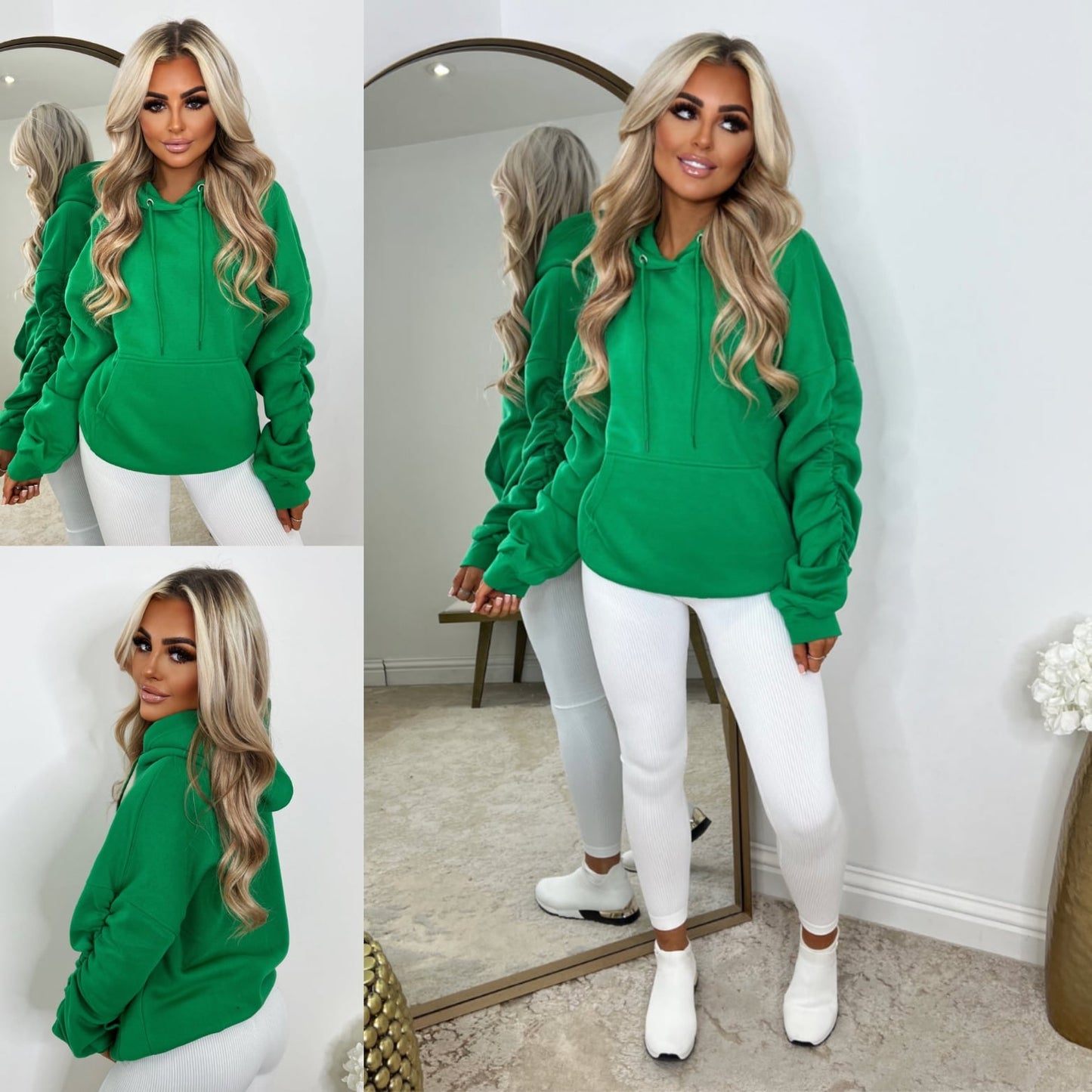 Green Ruched Sleeve Hoodie Jumper