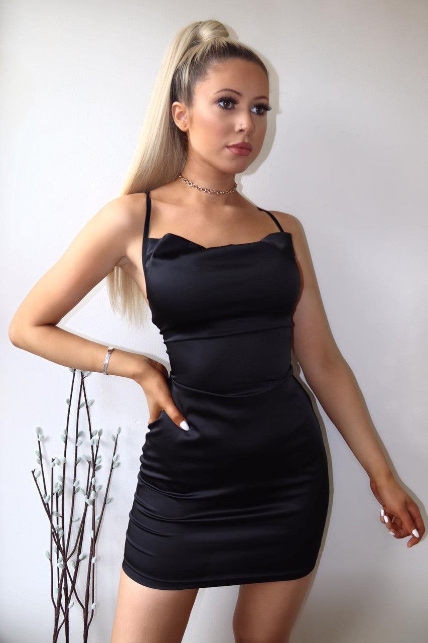 Black Satin Cowl Neck Lace Up Back Dress