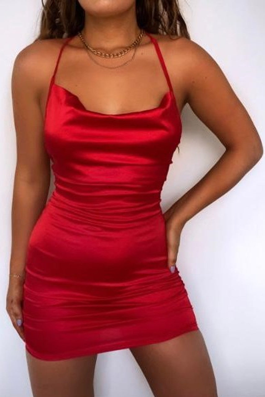 Red Satin Lace Up Back Mini Dress