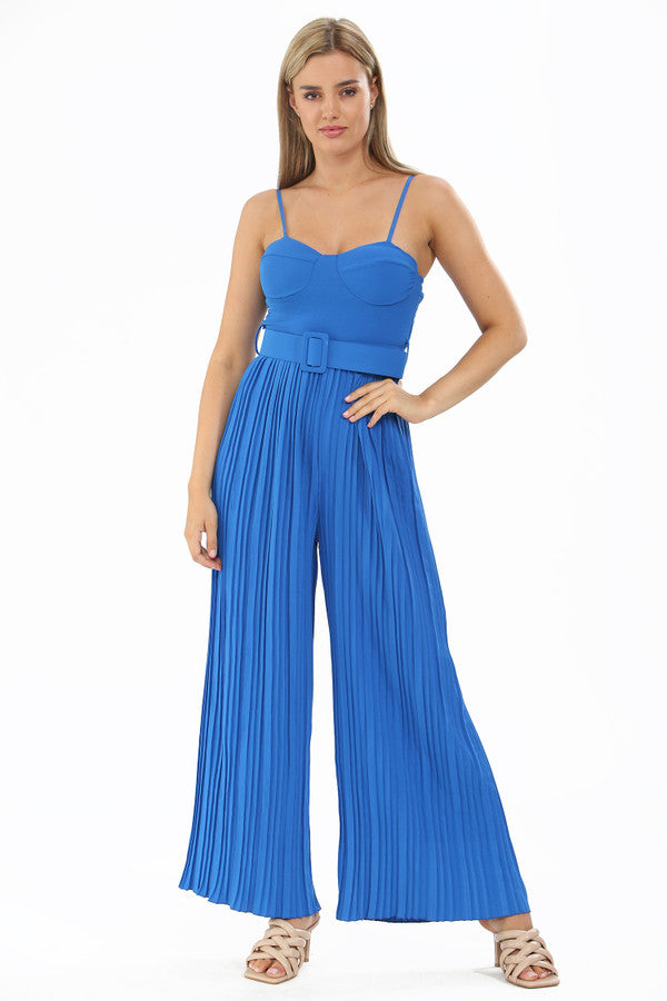 Blue Pleated Flare Wide Leg Corset Jumpsuit Jcs Company