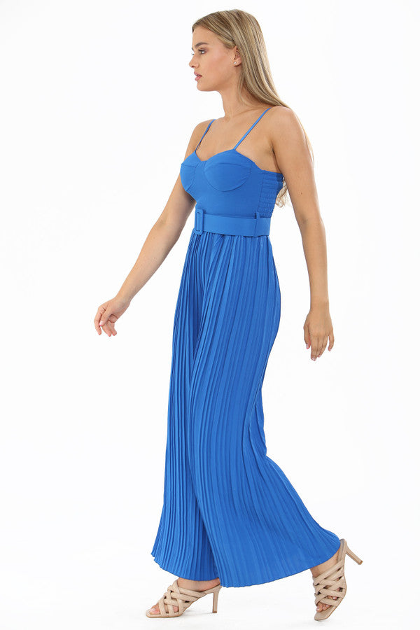 Blue Pleated Flare Wide Leg Corset Jumpsuit