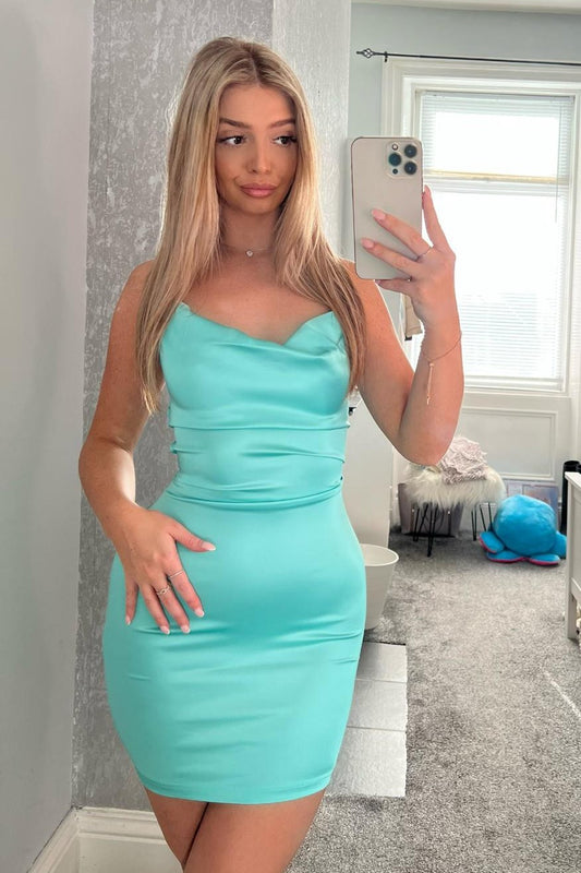 Blue Mint Satin Lace Up Back Mini Dress