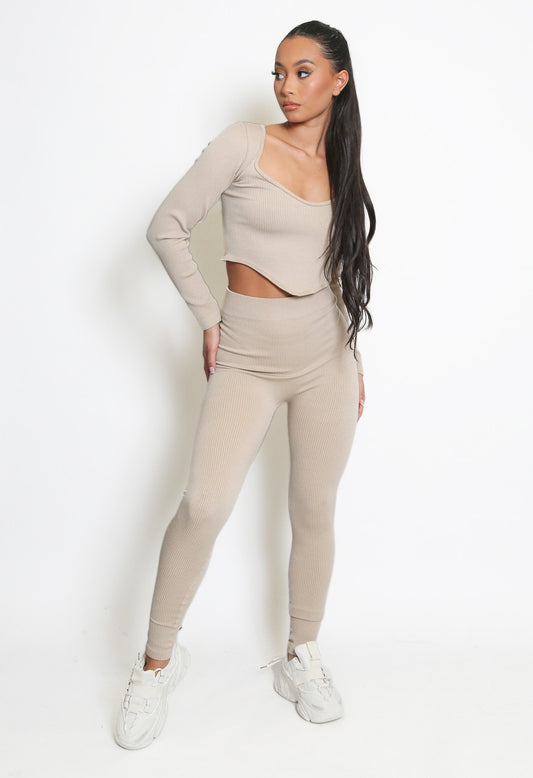 Dip Front Long Sleeved Ribbed Gym Set 