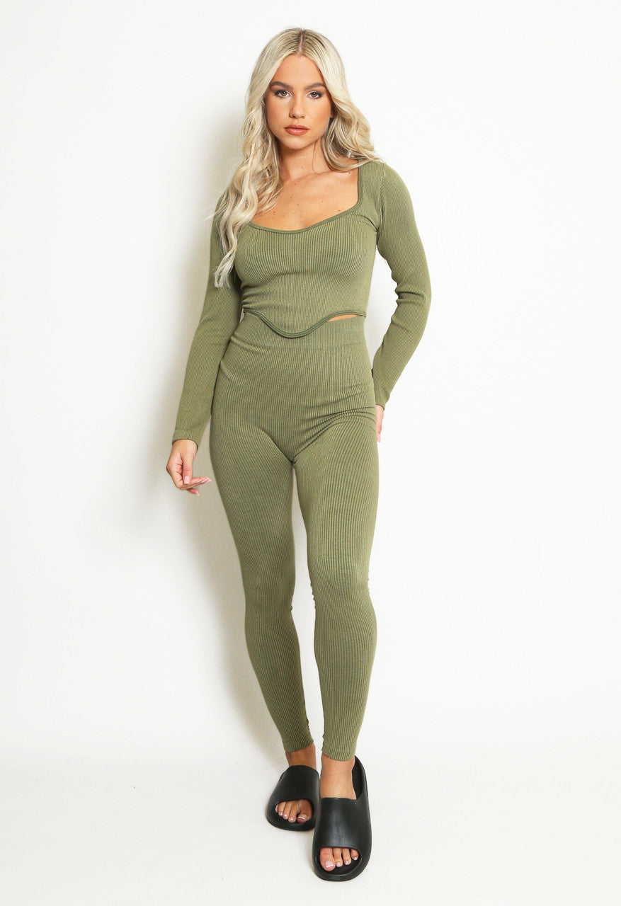 Dip Front Long Sleeved Ribbed Gym Set 