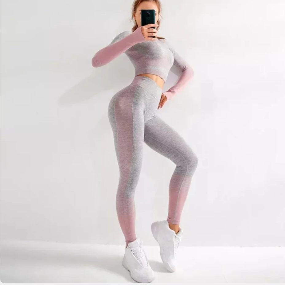 Gym Bunny Long Sleeved Grey & Pink Ombre 2 Piece Set