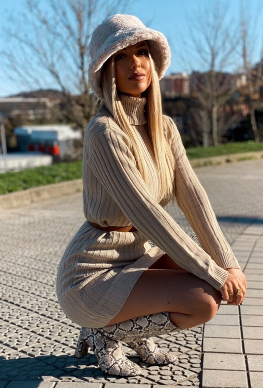 Beige Ribbed Knit Dress