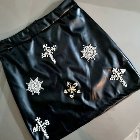 Black Saint Faux Leather Crystal Embellished Mini Skirt