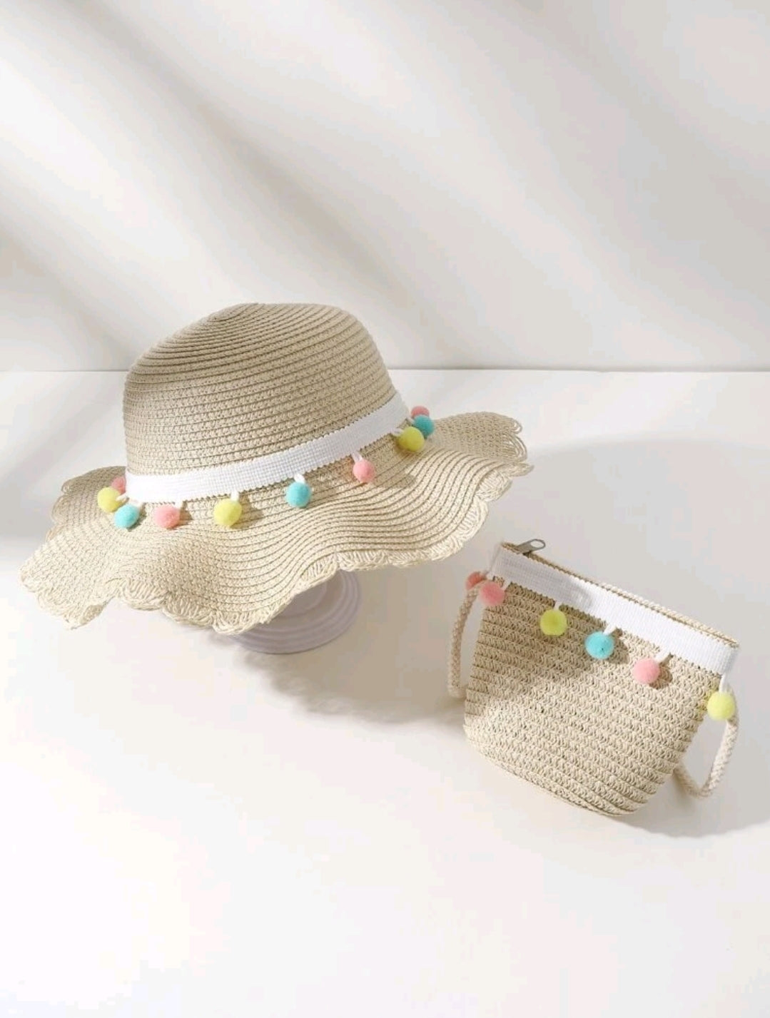 Childrens Straw Pompom Hat & Bag - Beige