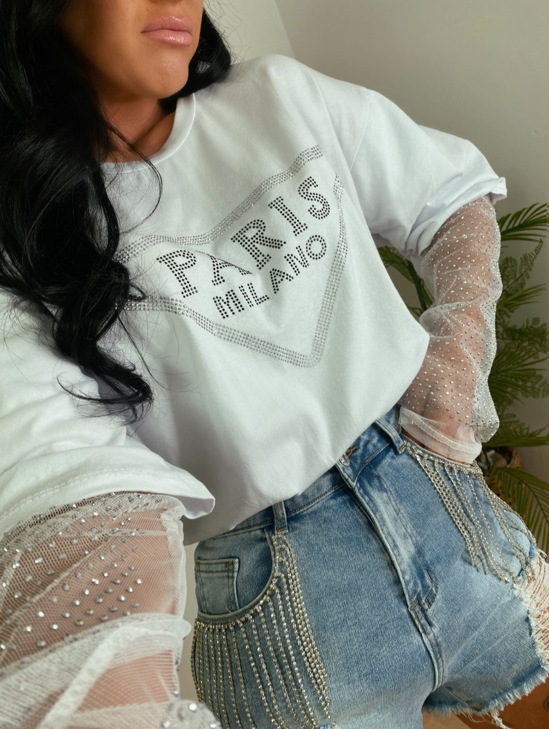 White Paris  Diamonte Crystal Sleeved Oversized Tshirt