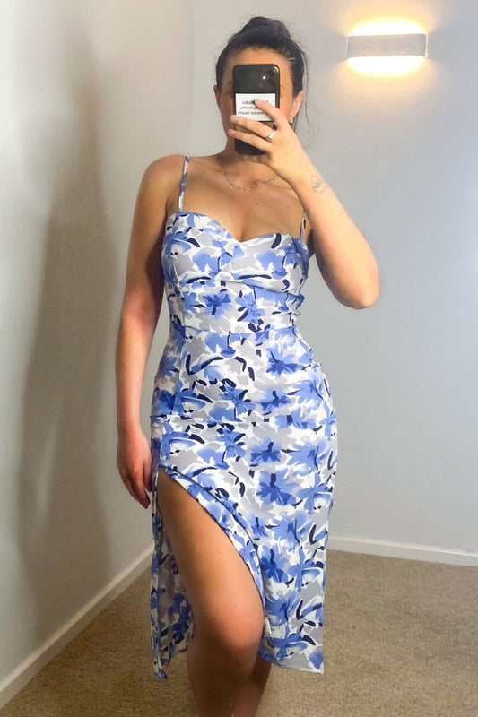 Blue Floral Sweetheart Midi Dress